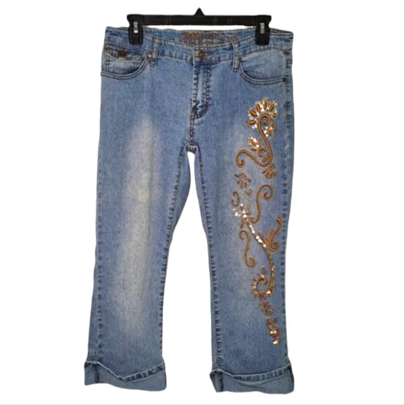 Apollo Jeans Denim Roll Cuffed Embroidered Capris Size 9/10 - Picture 2 of 8